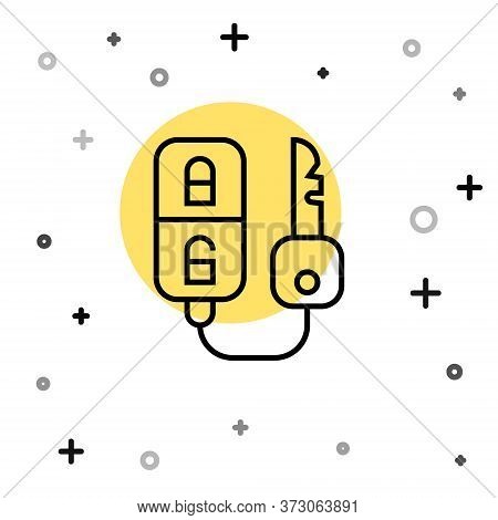 Black Line Car Key With Remote Icon Isolated On White Background. Car Key And Alarm System. Random D