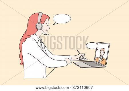 Call Center, Help, Business Communication Concept. Young Woman Girl Consultant Manager Operator With