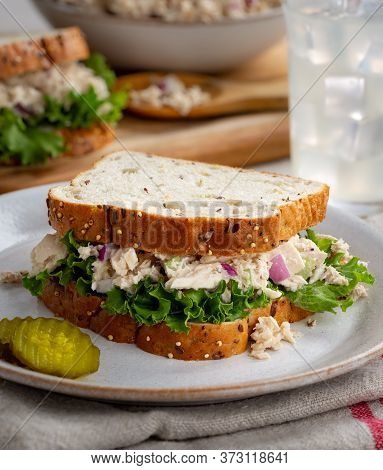 Tuna Fish Salad And Lettuce Sandwich On Multiseed Bread With Sliced Pickles On A White Plate