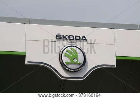 Lugano, Ticino, Switzerlad - 3rd June 2020 : View Of The Czech Škoda Car Dealership Logo Hanging In 