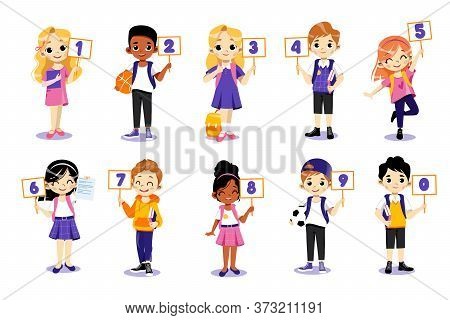 Concept Of Back To School. Kids Ready To Study In New Academic Year. Classmates Boys And Girls Stand