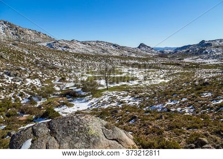 Winter landscape with snow in mountains of Serra do Xures natural park, Galicia, Spain