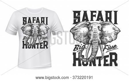 Elephant Animal T-shirt Print Mockup, Vector African Safari Hunting Sport. Custom Apparel Template O