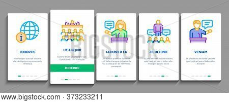 Seminar Conference Onboarding Mobile App Page Screen Vector. Seminar In Meeting Room, Online Communi