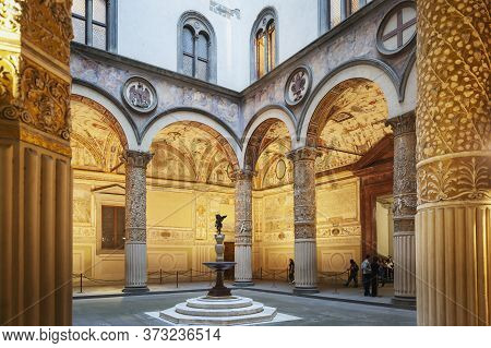 Florence, Italy - October 2019: Interior Of The First Courtyard Of The Palazzo Vecchio, The Town Hal