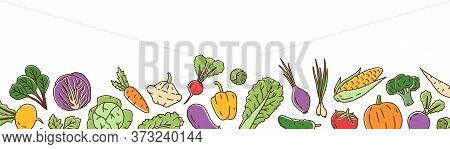 Colorful Fresh Organic Vegetable Horizontal Background In Line Art Style. Bright Healthy Vegetarian 