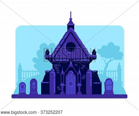 Old Stone Vault In Cemetery Flat Color Vector Illustration. Tombstones And Crypt Building. Spooky Ni