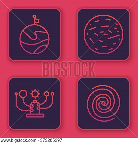 Set Line Moon With Flag, Solar System, Planet Mars And Black Hole. Blue Square Button. Vector