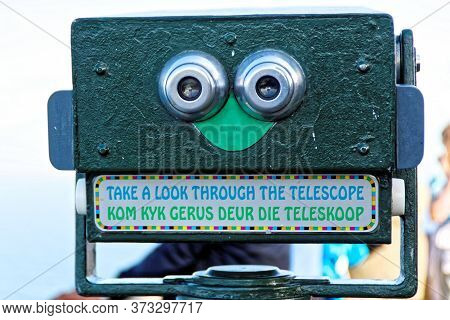 Pay To View Telescope At Cape Of Good Hope, South Africa, Overlooking Cape Point. With Afrikaans Tex