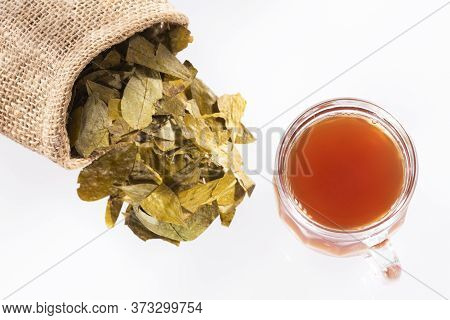 Coca Leaf Infusion - Erythroxylum Coca. Wood Background