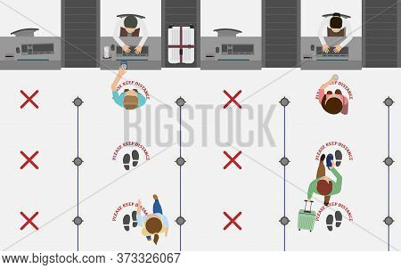 Top View Of Passenger Standing In Queue To Check In At Airport. During This Period, All People Shoul