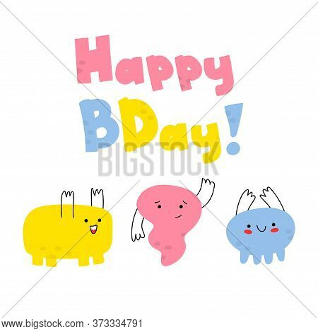 Hand-drawn Funny Tiny Doodles-monsters With Thin Handles. Birthday Greeting Card. Funny Smiling Emot