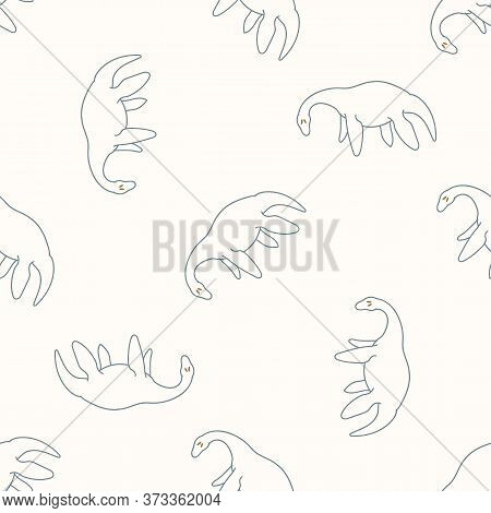 Seamless Background Plesiosaurus Dinosaur With Fossil Gender Neutral Baby Pattern. Simple Whimsical 