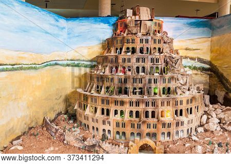 Mount Nebo, Jordan - March 21, 2017: Tower Of Babel Model In La Storia Tourism Complex At The Mount 