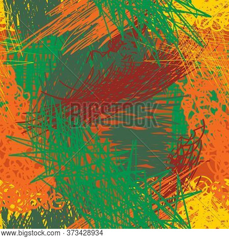 Abstract Chaotic Seamless Pattern Of Sloppy Marker Pen Scribbles. Urban Autumn Camouflage Texture. T