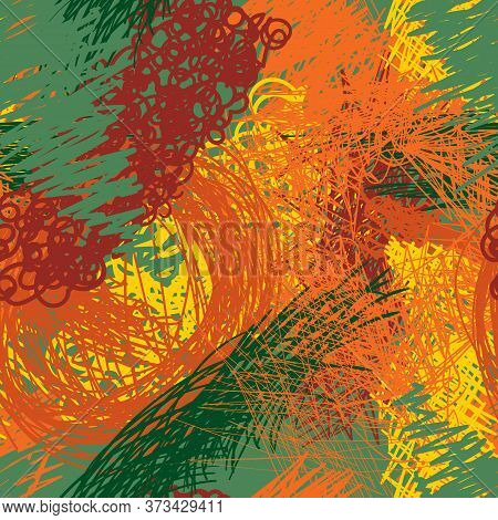 Abstract Grunge Seamless Chaotic Pattern Of Sloppy Marker Pen Scribbles. Urban Autumn Camouflage Tex