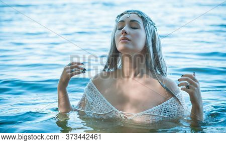 Old European Magic, Mystical Pagan Scene, Woman In Lake, Rituals. Magic Divination In Water, Ritual.