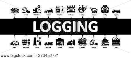 Wood Logging Industry Minimal Infographic Web Banner Vector. Forest Material Logging Transportation 