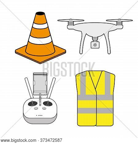 Aerial Drone Pilot Equipment And Safety Icons Vector Drone, Controller, Cone, Hi Vis