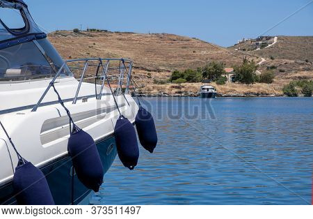 Luxury Yacht Moored Intzia Island, Greece. Closeup View