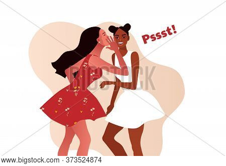 Gossip Vector Illustration. One Excited Girl Whispers Secret To Girlfriend.