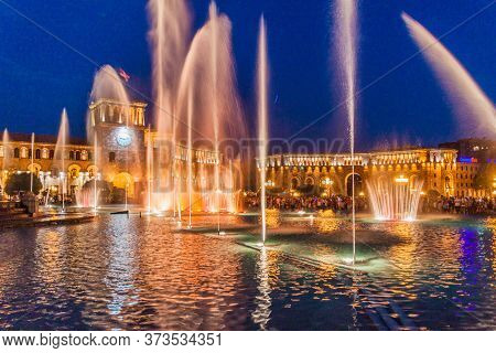 Yerevan, Armenia - July 5, 2017: Evening Fountain At The Republic Square In Yerevan, Capital Of Arme