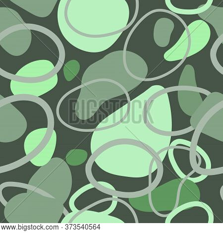 Abstract Seamless Pattern With Green Spots And A Gray Circle On A Dark Green Background. Vector Illu