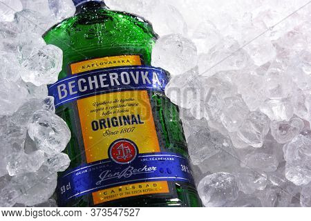 Bottle Of Becherovka Bitters In Crushed Ice