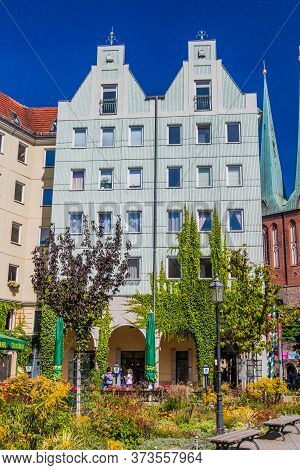 Berlin, Germany - August 30, 2017: Buildings Of Nikolaiviertel Neighborhood In Berlin, Germany