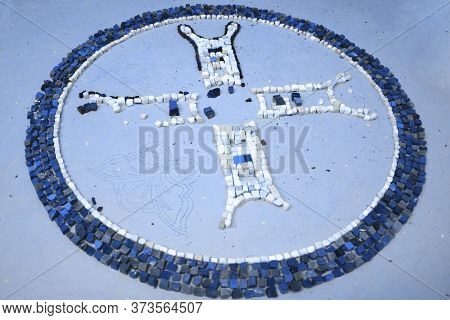 Drawing From Smalt In The Mosaic Workshop. Photo Toned In Classic Blue. Making Circle With A Pattern