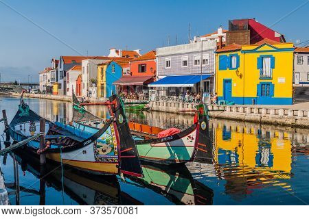Aveiro, Portugal - October 14, 2017: Traditional Colorful Moliceiro Boat On A Canal In Aveiro, Portu