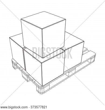 Cargo Pallet For Warehouse With Stacked Goods Cardboard Boxes. Logistics Shipping Concept. Wireframe