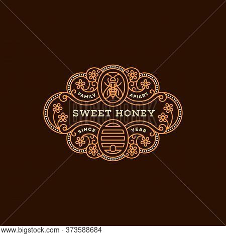 Label Design Tamplate In Trendy Linear Style For Honey Packaging Witn Floral Ornament, Bee And Beehi