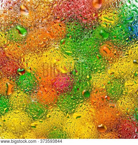 Abstract Colorful Background With Bubbles. Water Drops On The Glass Surface. Multicolored Wallpaper,