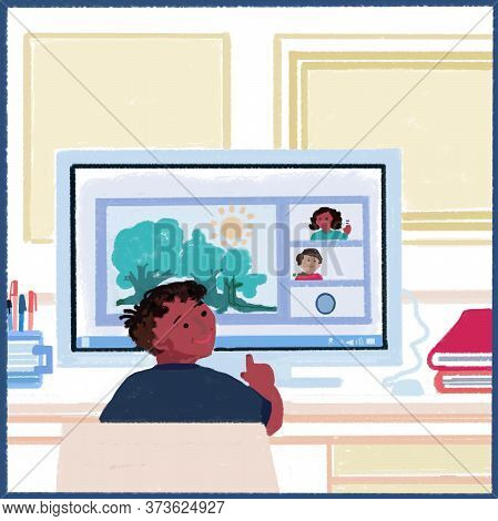 Kids Learning Activities Online, Distance Education. Students Adapting To Online Age. Using Digital 