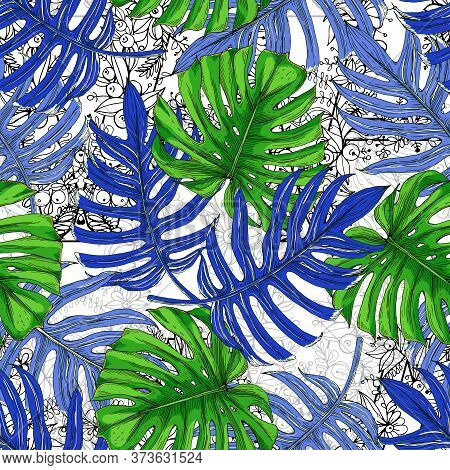 Green And Blue Tropical Plants On A Graphic Background. Green Leaves Of Monstera And Blue Leaves Of 