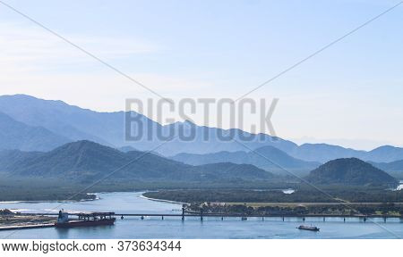 Panoramic View Of The Port Of Santos In Brazil, The 5th Biggest In The World. Top Of Monte Serrat In