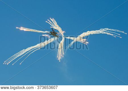 Zhukovsky, Russia - August 30, 2020: Russian Attack Helicopter Ka-52 Conducts Indicative Firing. Fra