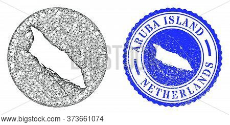 Mesh Subtracted Round Aruba Island Map And Grunge Seal Stamp. Aruba Island Map Is Subtracted From A 