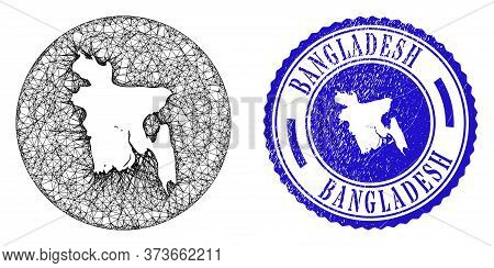 Mesh Stencil Round Bangladesh Map And Grunge Stamp. Bangladesh Map Is A Hole In A Round Stamp Seal. 