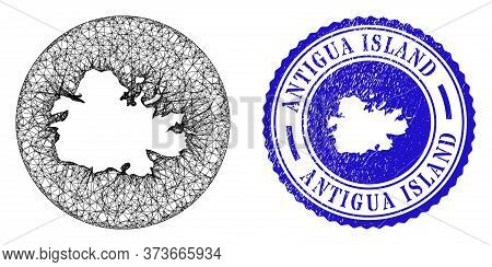Mesh Hole Round Antigua Island Map And Scratched Stamp. Antigua Island Map Is A Hole In A Circle Sta