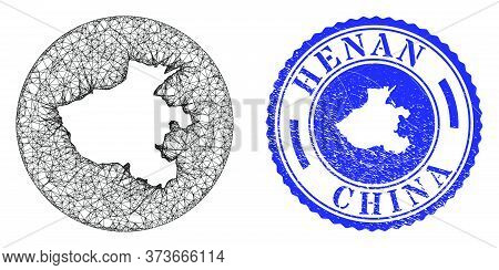 Mesh Inverted Round Henan Province Map And Grunge Seal. Henan Province Map Is Carved In A Circle Sea