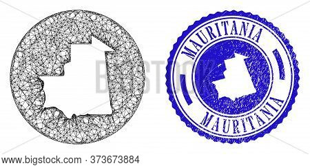 Mesh Subtracted Round Mauritania Map And Grunge Seal Stamp. Mauritania Map Is Stencil In A Circle Se