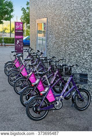 Fribourg (freiburg), Switzerland - September 3, 2019: The Publibike Station, Part Of The Swiss Bike-