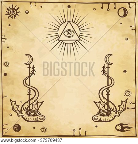Alchemical Drawing: Winged Snakes, All-seeing Eye. Esoteric, Mystic, Occultism. Symbols Of The Sun A