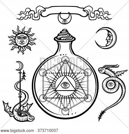 Set Of Alchemical Symbols. A Providence Eye In A Flask, Chemical Reaction. Sacred Geometry. Origin O