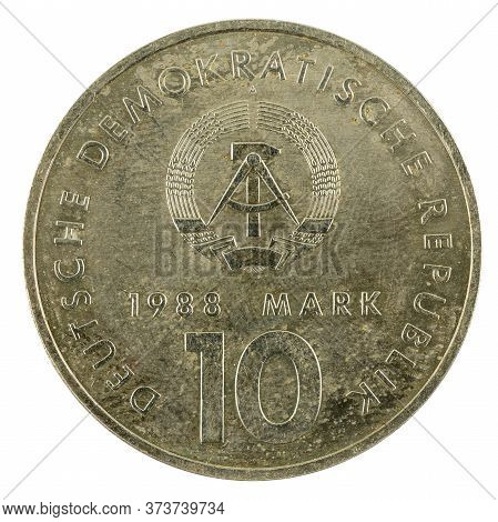 Historic 10 East German Mark Coin Special Edition(1988) Reverse Isolated On White Background