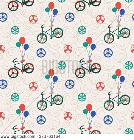 Vector Bicycle Weekend Illustration, Seamless Pattern, With Balloons, Flowers, Wheels, Pastel And Co