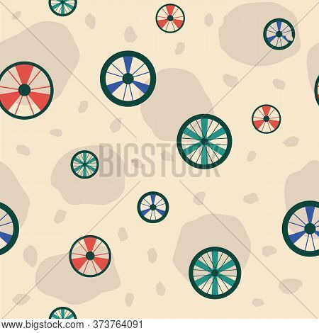 Vector Bicycle Weekend Illustration, Seamless Pattern, With Balloons, Flowers, Wheels, Pastel And Co