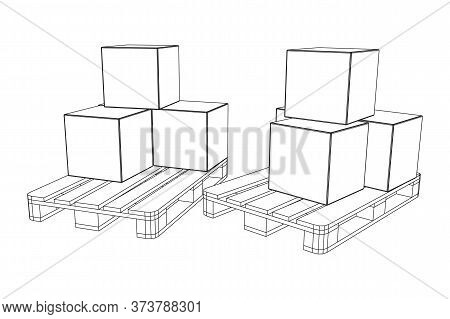 Cargo Pallet For Warehouse With Stacked Goods Cardboard Boxes. Logistics Shipping Concept. Wireframe